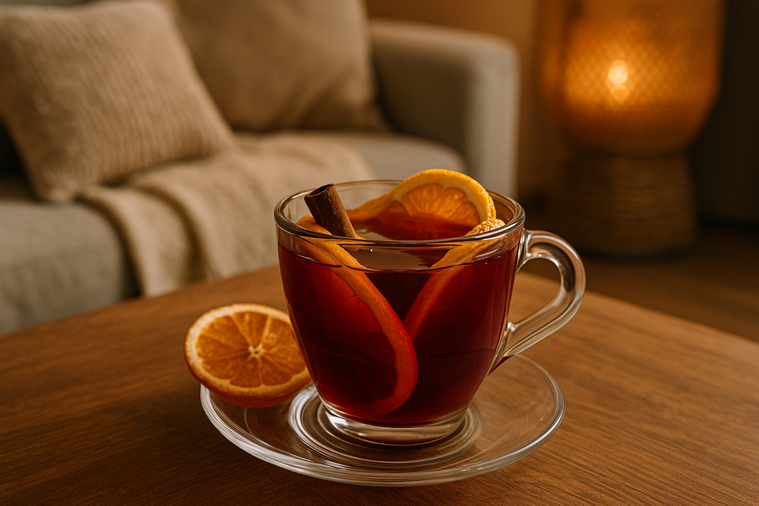 Cozy winter cherry mulled tea made with Jaroma Cherry Berry blend, featuring cinnamon sticks and orange slices in a glass mug – warm herbal drink for immune support.