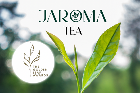 Jaroma Tea with Golden Leaf Awards logo – showcasing award-winning tea leaves.