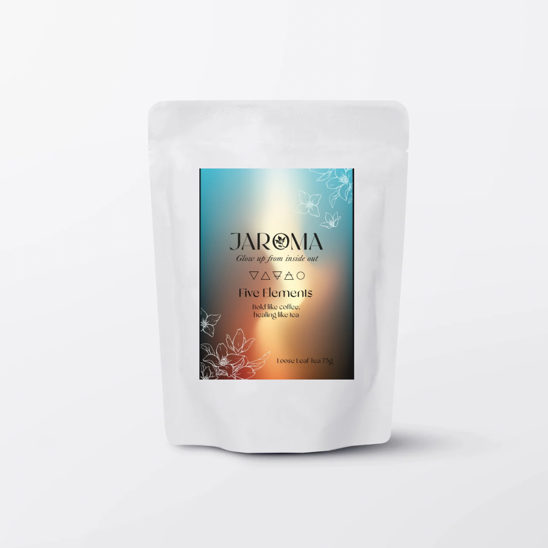 aroma Tea Five Elements blend – bold herbal coffee-style loose-leaf tea in a resealable white pouch with an ombré label in deep bronze and teal. Features ancient element symbols and floral line art, designed for grounding, energy, and balance.