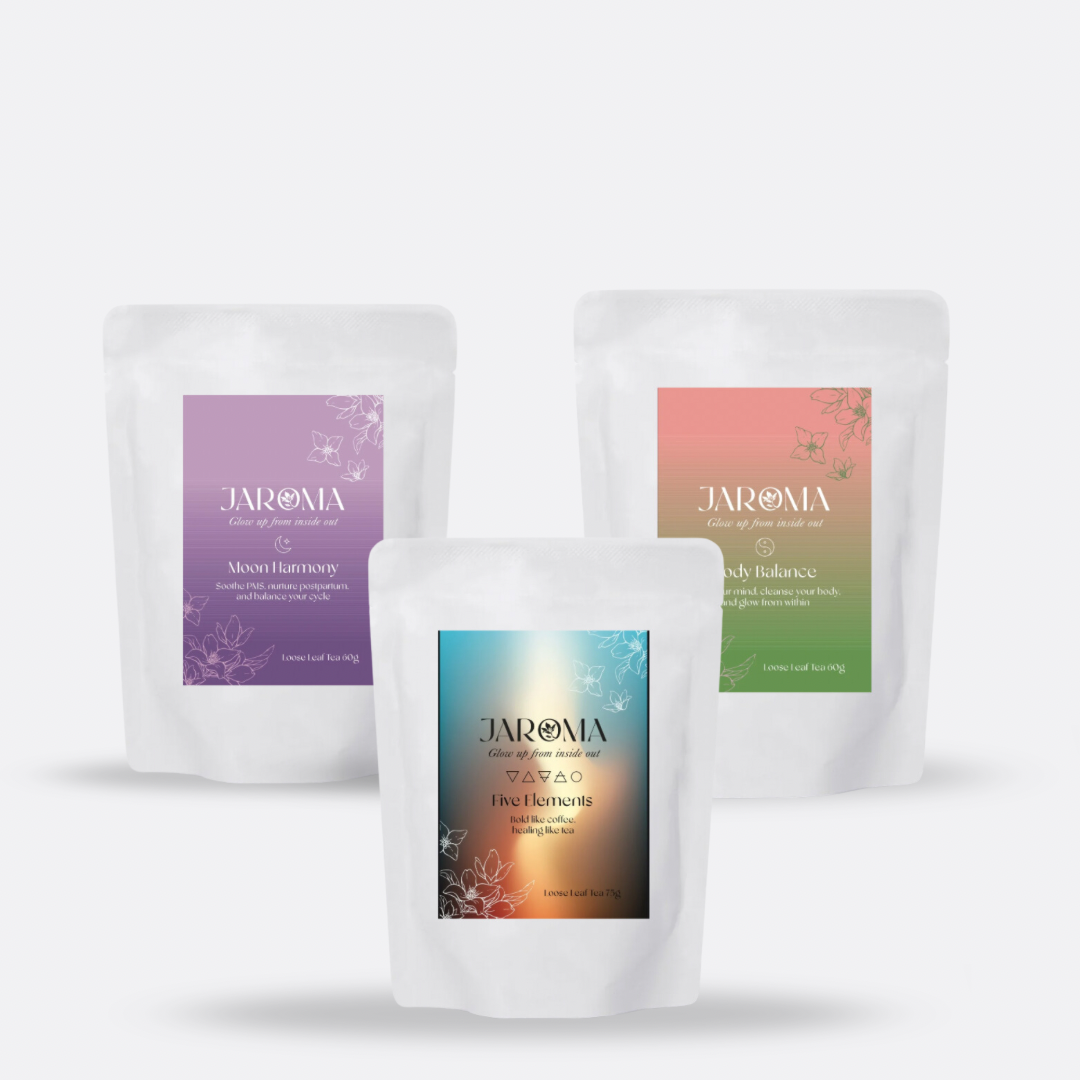 Jaroma Tea Wellness Trio – a calming product image featuring three resealable white pouches: Moon Harmony (purple), Body Balance (green/red), and Five Elements (bronze/teal). A holistic tea collection designed to support balance, cycles, and inner glow.