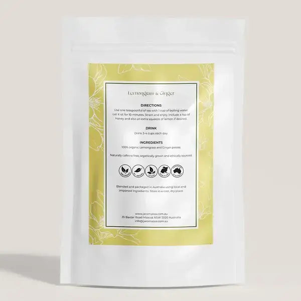 Directions and ingredients for Jaroma Tea Lemongrass and Ginger Organic Tea blend, highlighting natural ingredients for a soothing drink.