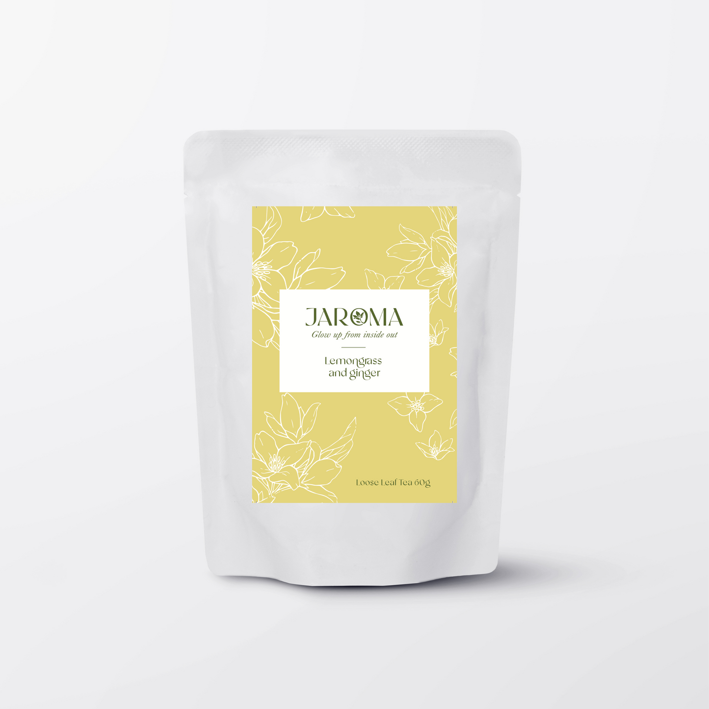 Jaroma Lemongrass and Ginger tea in citrus yellow pouch – uplifting herbal blend for digestion and warmth
