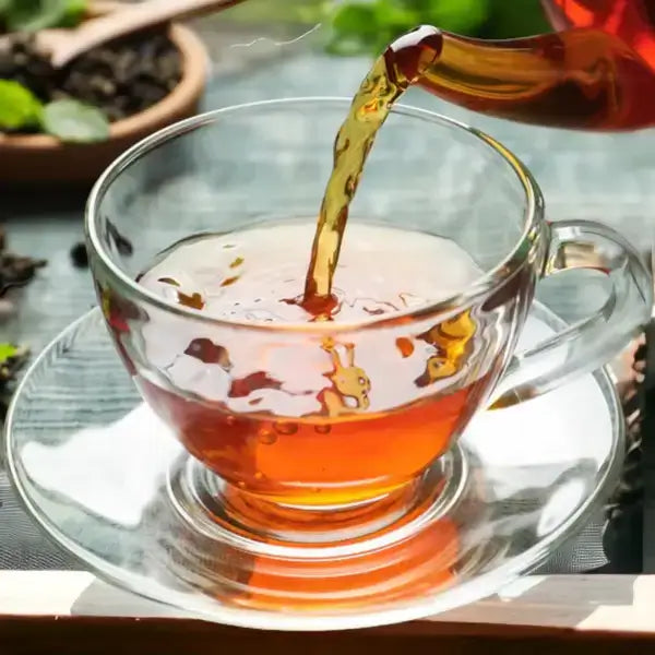 Hot cup of organic black tea being poured into a glass cup, showcasing rich, golden-brown tea with a clear and inviting appearance.