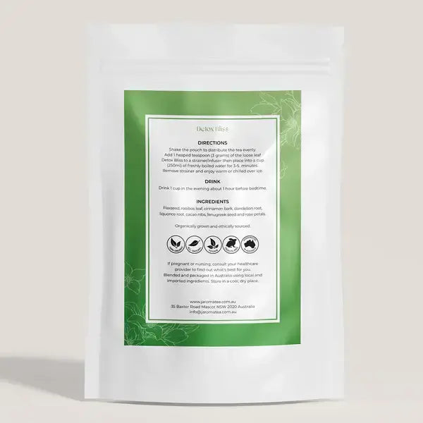 Back packaging of Jaroma Detox Tea, displaying clear directions and ingredients. The pouch is green, and the design highlights the organic and ethically sourced ingredients used in this detox blend, including licorice root, dandelion root, cacao nibs, and more. The clear instructions guide users on how to prepare this refreshing, health-boosting tea