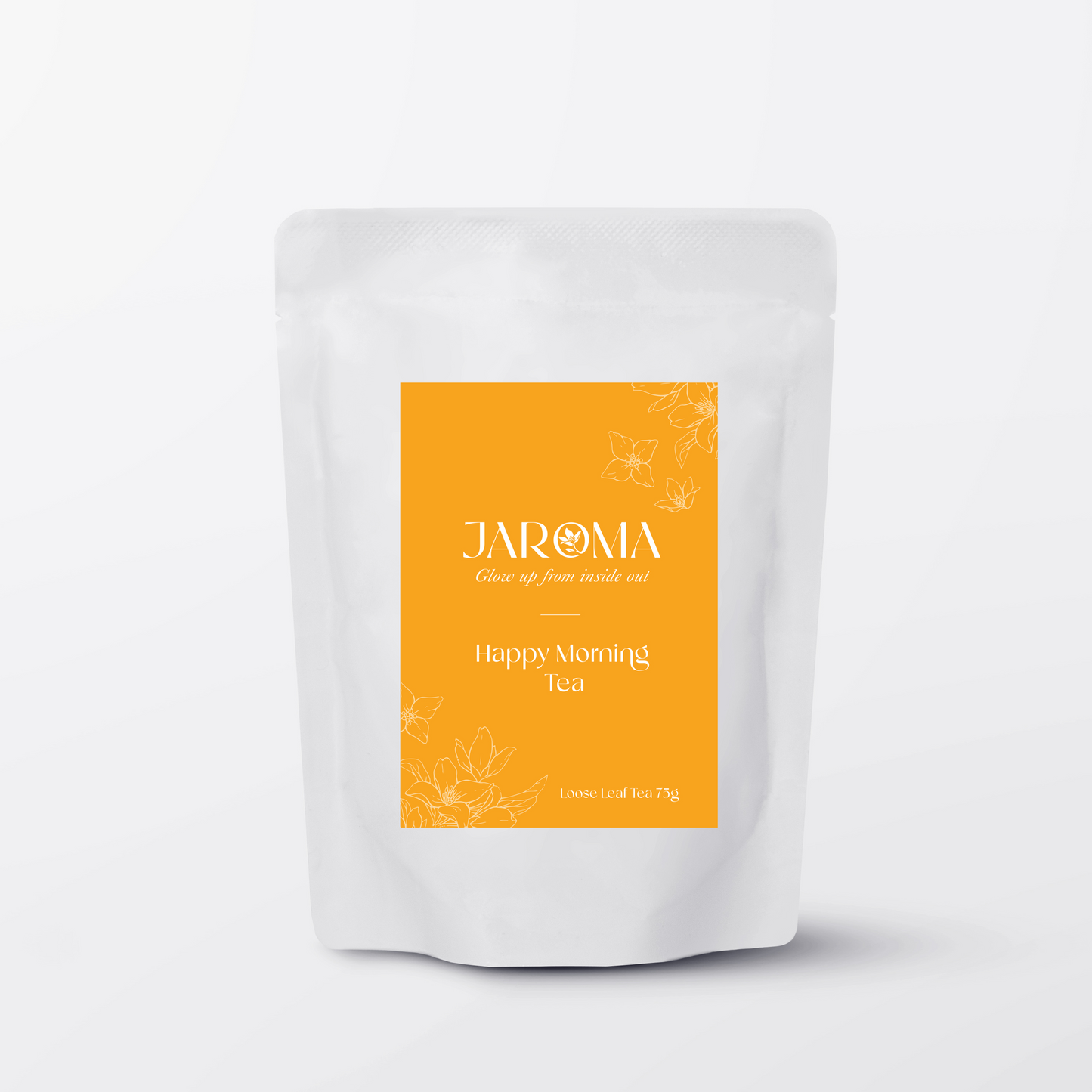 Jaroma Happy Morning tea in bright yellow pouch – invigorating herbal blend with premium earl grey and fresh herbs