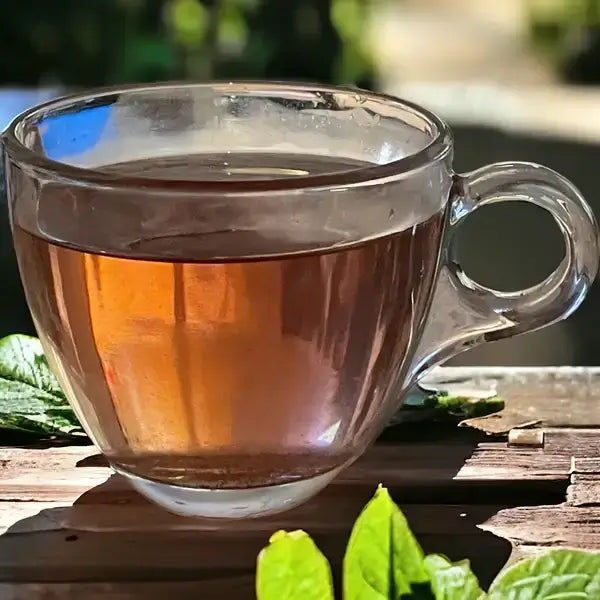 A cup of Jaroma Slimming Beauty Tea Blend steeped, showing its clear amber hue, with fresh green leaves on the side, highlighting the herbal infusion.