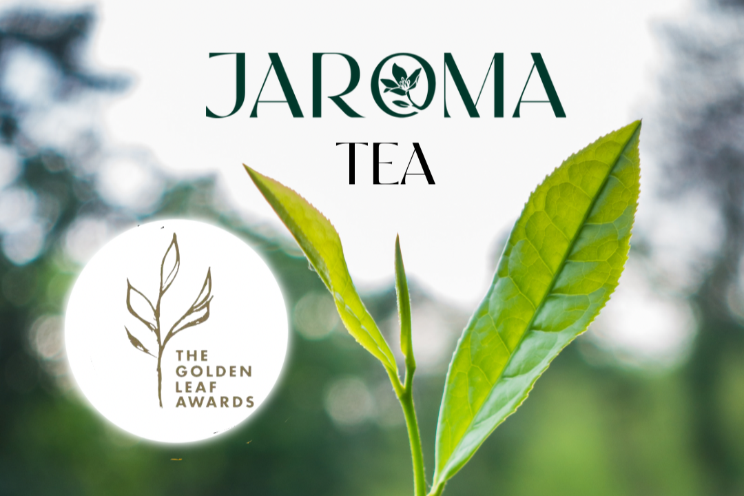 Jaroma Tea with Golden Leaf Awards logo – showcasing award-winning tea leaves.
