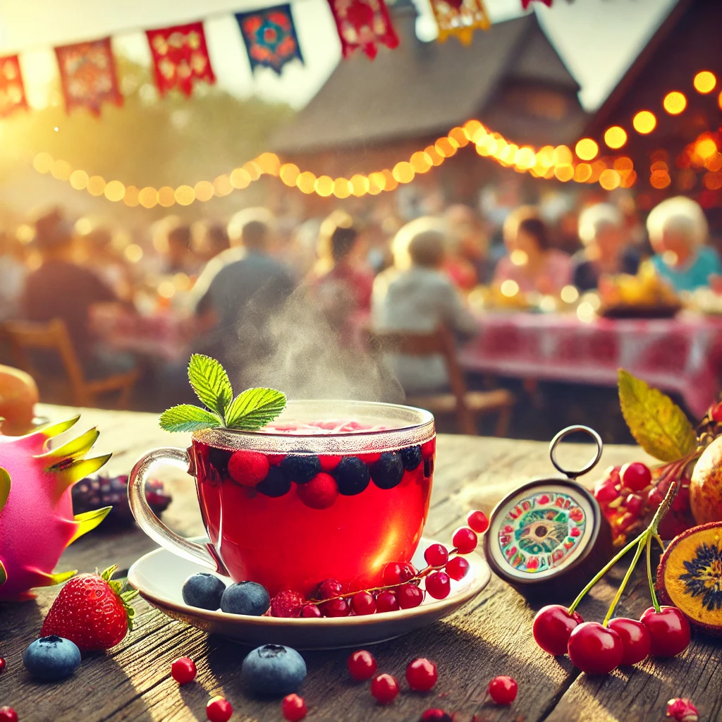 Steaming cup of Jaroma Cherry Berry tea surrounded by fresh berries at a vibrant festival, reflecting warmth, tradition, community, and wellness.