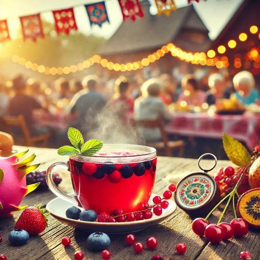 Steaming cup of Jaroma Cherry Berry tea surrounded by fresh berries at a vibrant festival, reflecting warmth, tradition, community, and wellness.