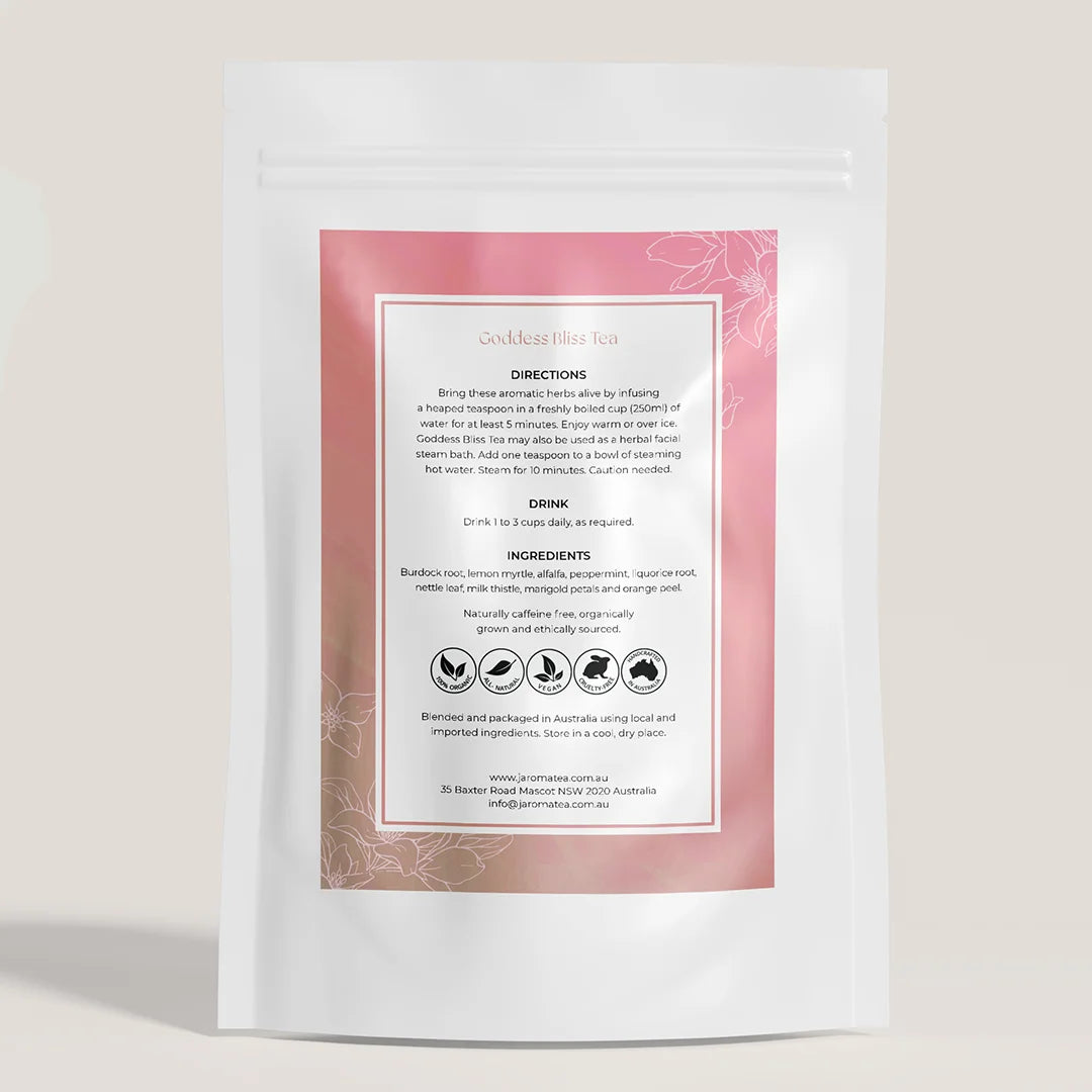Jaroma Goddess Bliss Tea blend in branded Jaroma Tea package with dusty pink and white colours, back of the packaging.