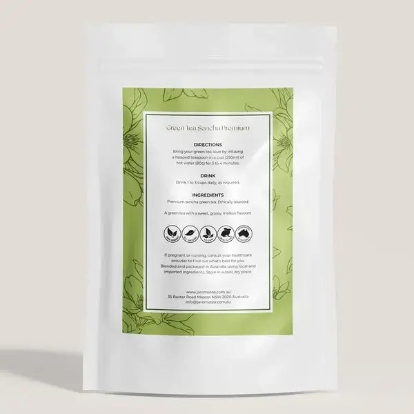 The back of Jaroma Green Tea Sencha Premium pouch with detailed instructions and ingredient list, showcasing the green tea blend with a sweet, grassy, mellow flavour.

