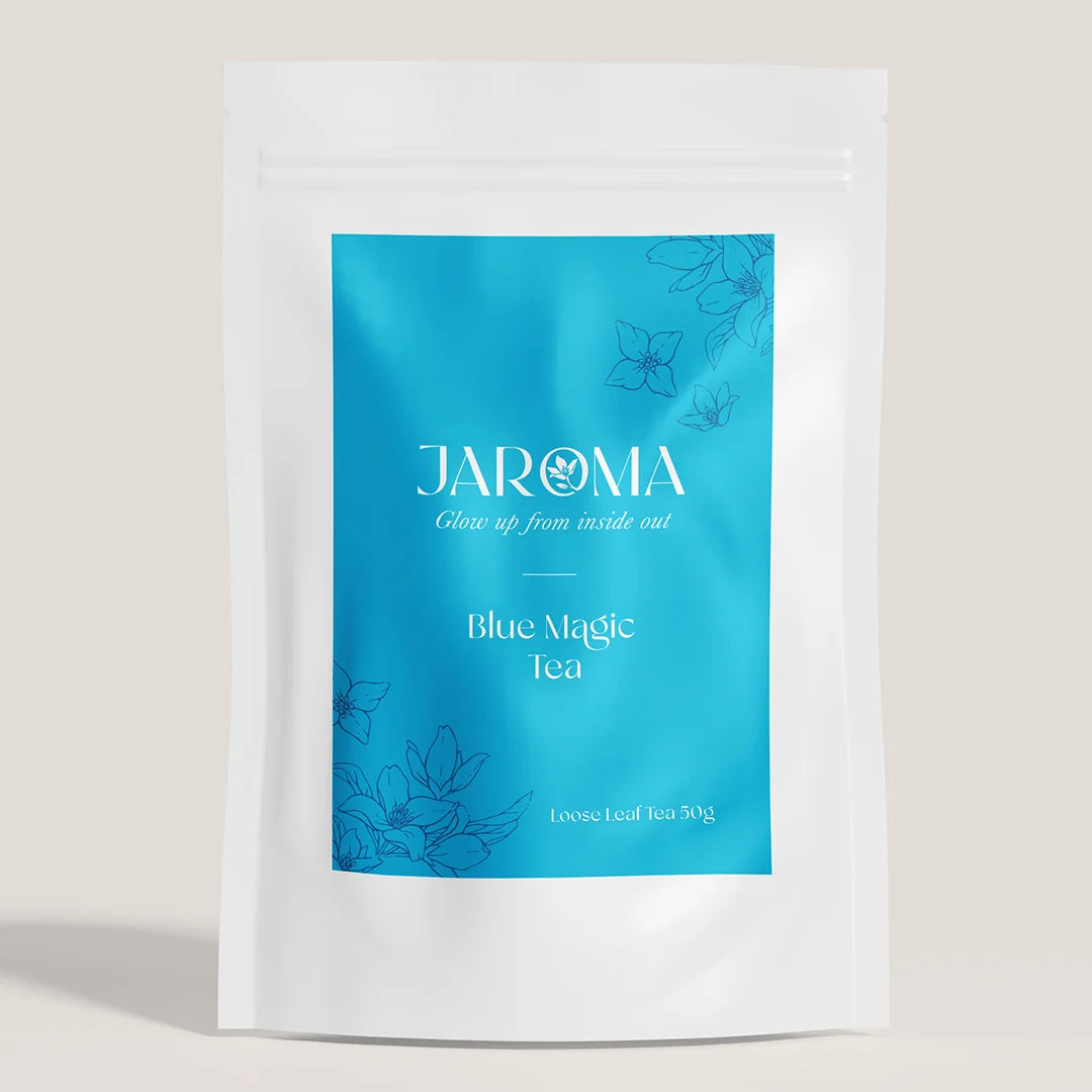 Blue Magic tea in branded Jaroma tea package with vivid blue and white colours .