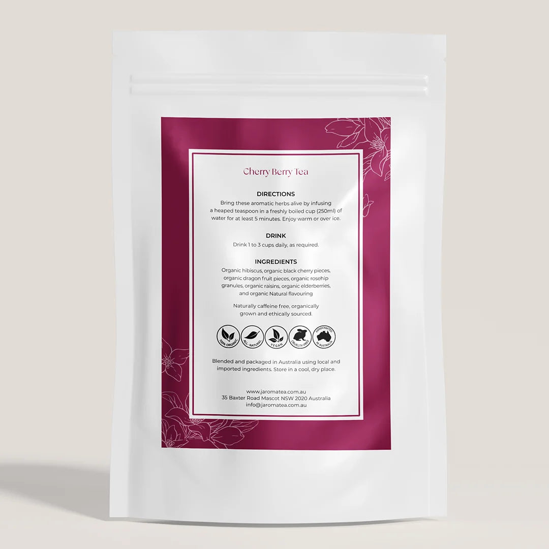 Black Cherry Berry tea in branded Jaroma tea package with burgundy and white colours , back of the packaging.