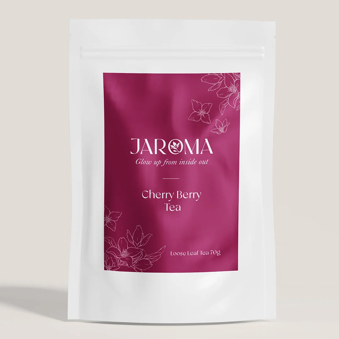 Black Cherry Berry tea in branded Jaroma tea package with burgundy and white colours.