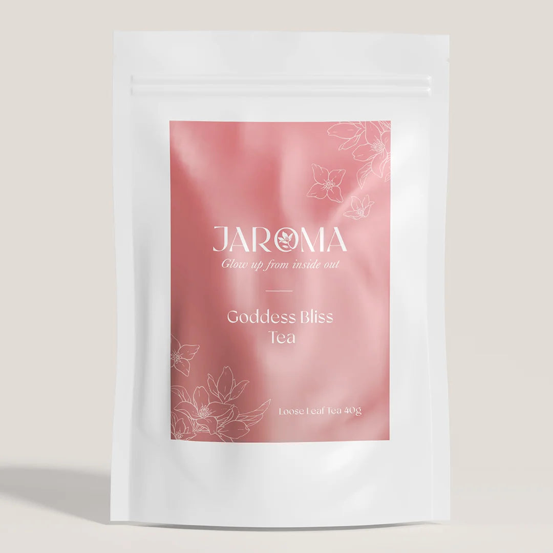 Jaroma Goddess Bliss Tea blend  in branded Jaroma Tea package with dusty pink and white colours, front of the packaging.