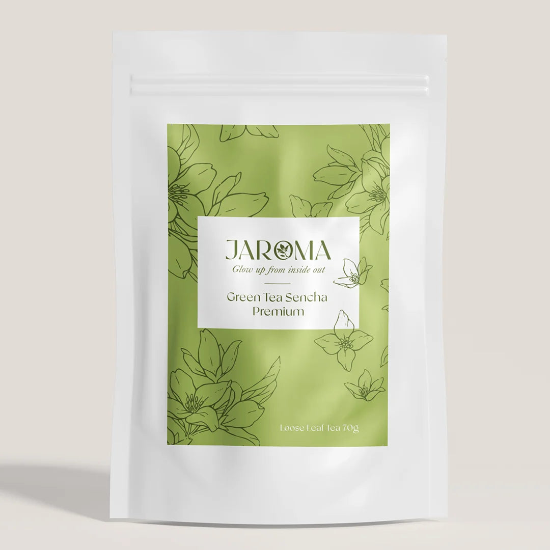 Jaroma Organic Sencha Green Tea in branded Jaroma Tea package in white and light green colours.