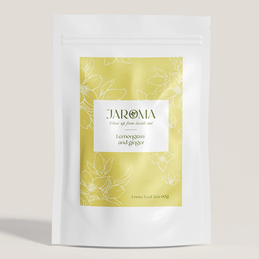 Jaroma branded Lemongrass and Ginger packaging with white and yellow colours.