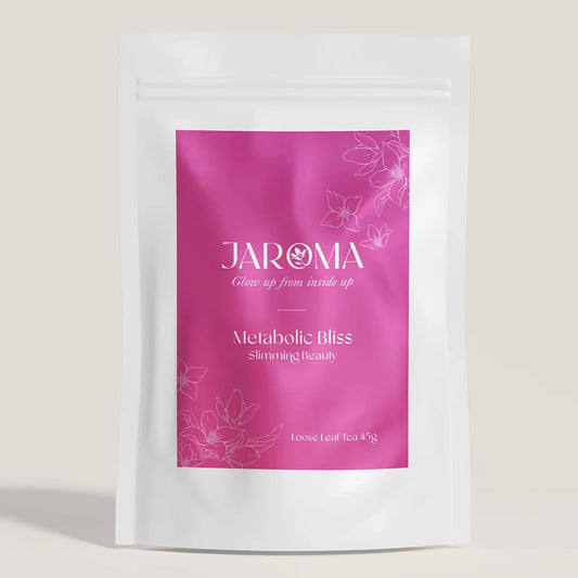 Jaroma Slimming Tea in branded package with dark pink and white colours with white background.