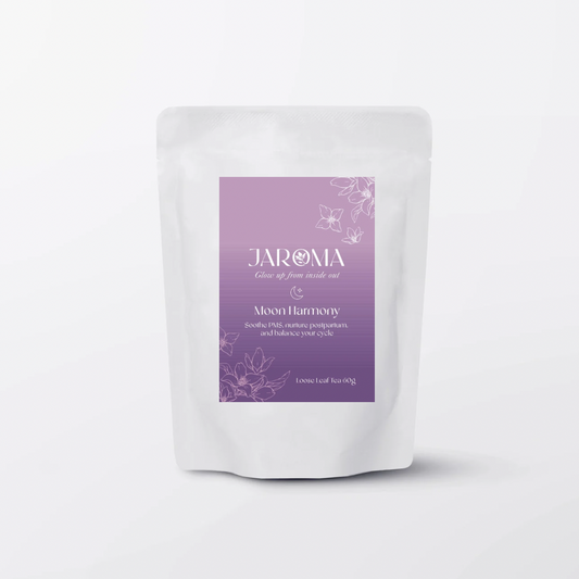 Jaroma Tea Moon Harmony blend – premium organic loose-leaf tea in a resealable white pouch with soft purple label. Designed to soothe PMS, nurture postpartum, and balance your cycle. Elegant floral design and calming aesthetic.