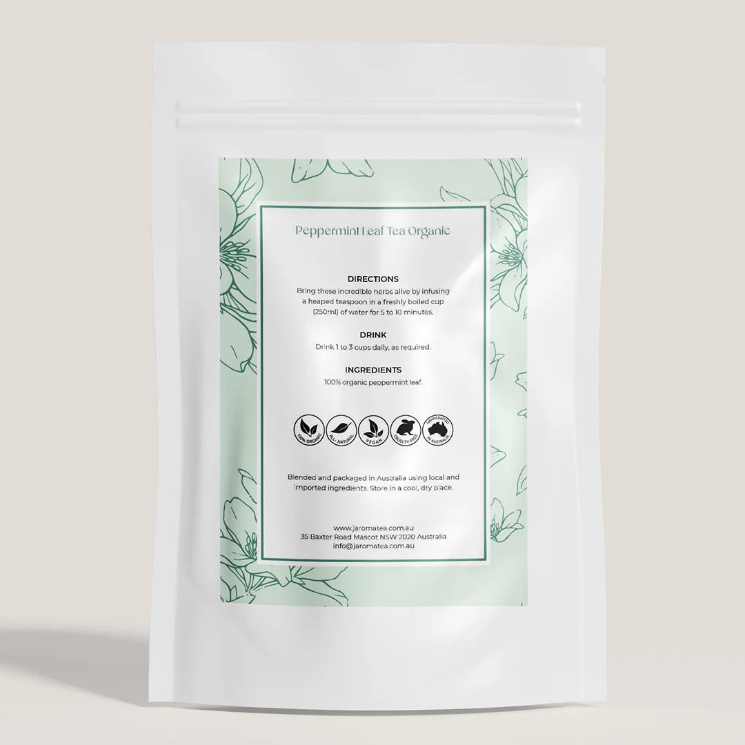 Jaroma Peppermint Loose Leaf Tea packaging with white and minty colours , back of the packaging.