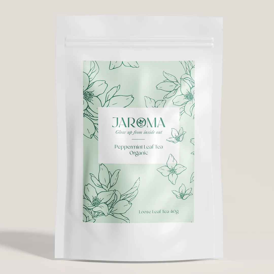Jaroma Peppermint Loose Leaf Tea packaging with white and minty colours , front of the packaging.