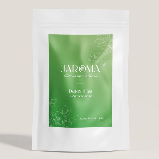 Jaroma Detox Tea in branded package with green and white colours with white background