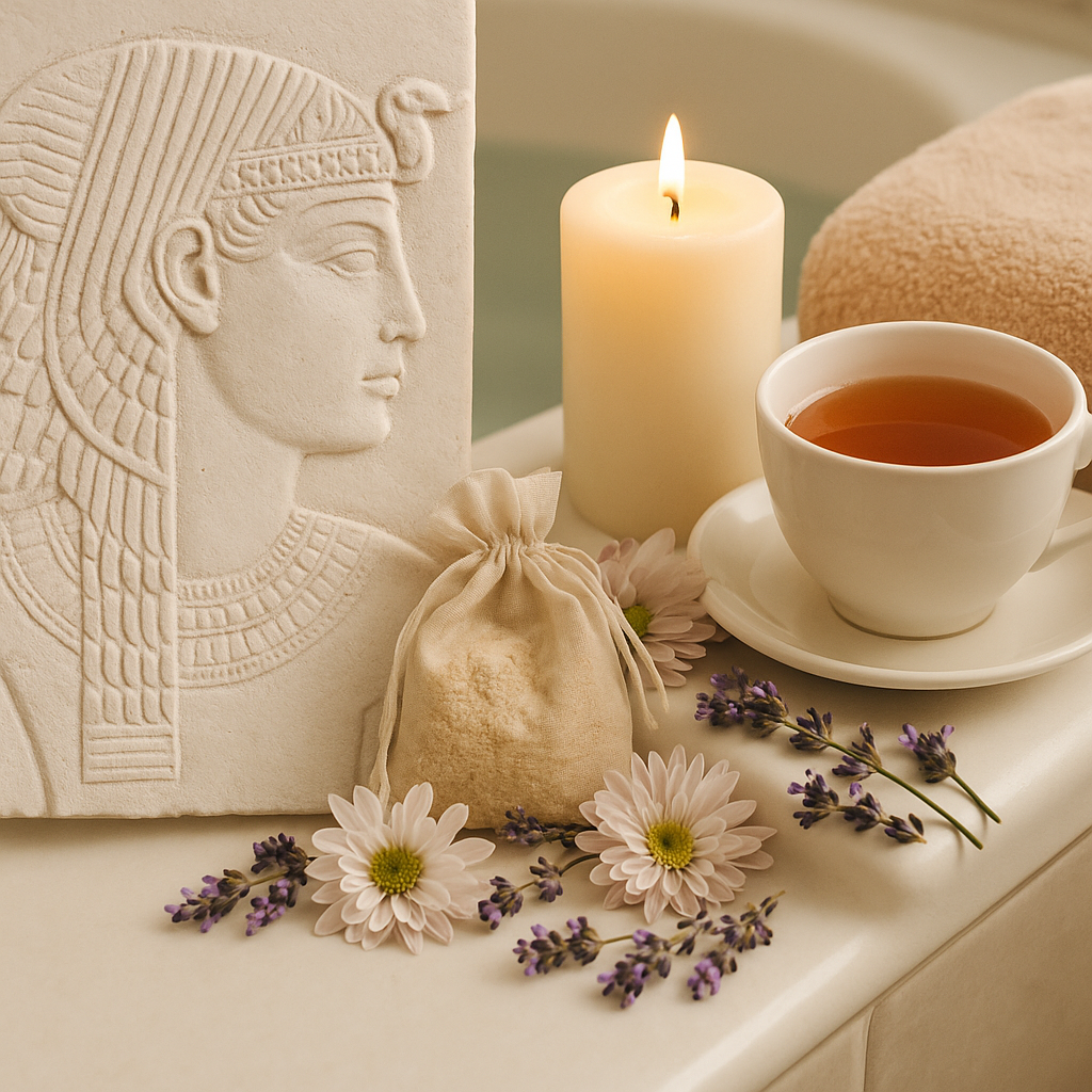“Square image of a peaceful bath scene with ancient-inspired white stone relief, herbal tea in a teacup, lit candle, and floral accents — reflecting the history of bathing and wellness rituals.