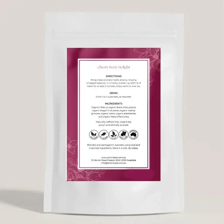Cherry Berry Delight Tea packaging showing ingredients and brewing instructions for a fruity herbal infusion.