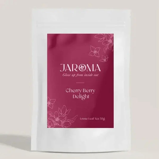 Jaroma Tea Cherry Berry Delight packaging, loose leaf tea blend with hibiscus and black cherry, 70g.