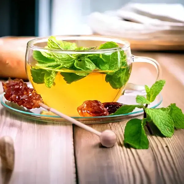 A steaming cup of Jaroma Peppermint Tea, with fresh mint leaves floating on top, placed on a saucer. The tea is accompanied by a honey spoon and a sprig of mint, set on a rustic wooden surface, creating a warm, inviting, and refreshing image