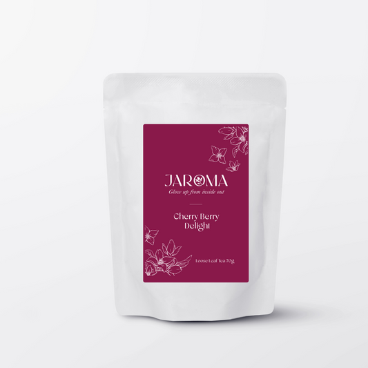 aroma Cherry Berry Delight tea in berry-red pouch – award-winning organic fruit tea with hibiscus, cherry, and elderberries