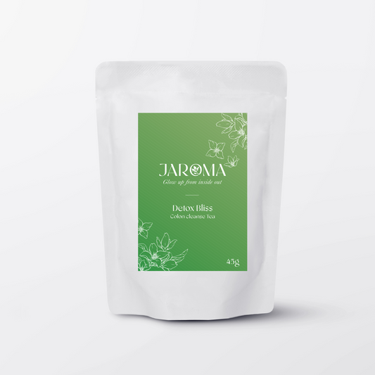 Jaroma Detox Bliss herbal tea in green pouch – organic colon cleanse tea with dandelion, cacao nibs, cinnamon, and rose petals