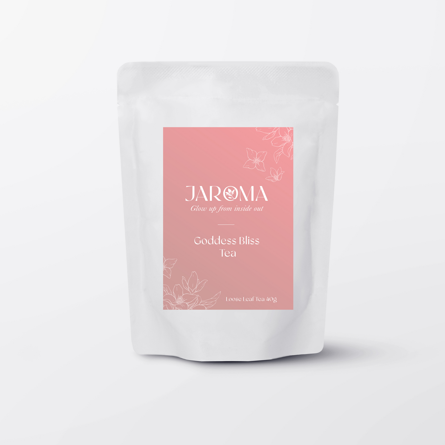 Jaroma Goddess Bliss tea in soft rose pouch – organic detox tea with burdock, lemon myrtle, peppermint, and milk thistle
