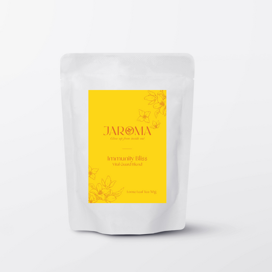Jaroma Immunity Bliss Tea –  Premium blend in bright yellow packaging, organic immune-supporting herbal blend with powerful antioxidants
