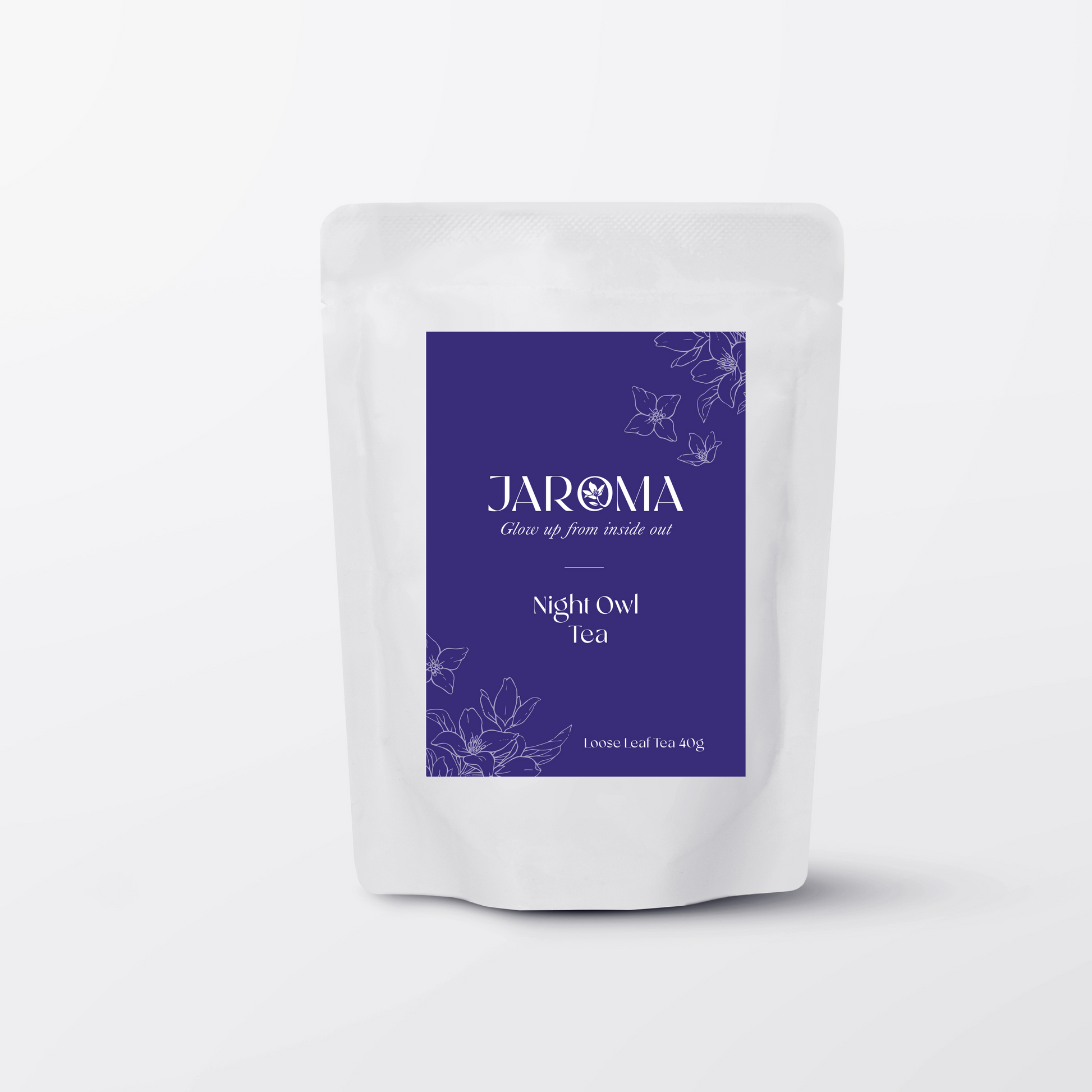 aroma Night Owl Tea in deep indigo pouch – calming organic herbal tea with chamomile, lemon balm, lavender, and skullcap for restful sleep