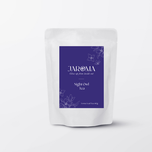 aroma Night Owl Tea in deep indigo pouch – calming organic herbal tea with chamomile, lemon balm, lavender, and skullcap for restful sleep