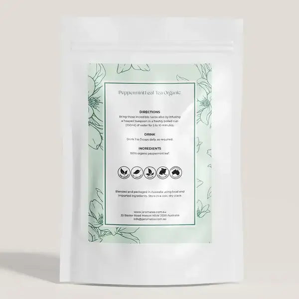 Back of the organic Jaroma peppermint leaf tea with herbal aroma and soothing properties. 100% organic peppermint leaves for a refreshing and natural beverage experience.
